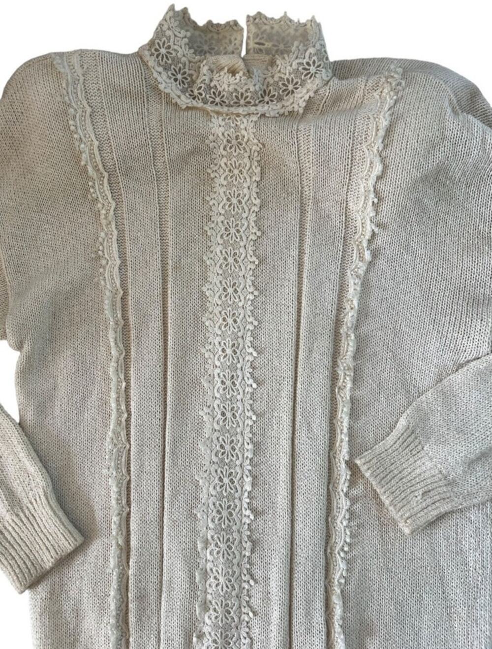 Vintage 80s Scott McClintock Beige Cottagecore Lace Sweater Small Coquette Fall
